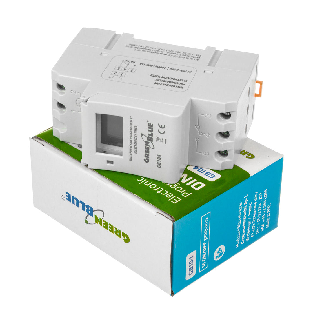 Programador eléctrico digital diario semanal tipo carril DIN 16A 250V GreenBlue GB100