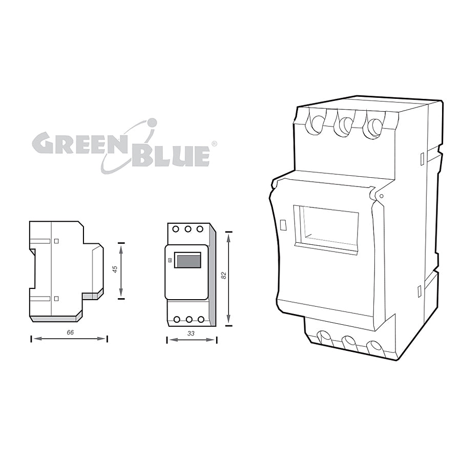 Programador eléctrico digital diario semanal tipo carril DIN 16A 250V GreenBlue GB100