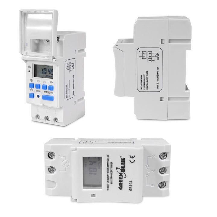 Programador eléctrico digital diario semanal tipo carril DIN 16A 250V GreenBlue GB100