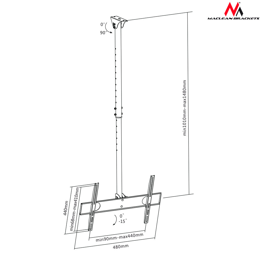 Maclean MC-631 - Suporte de teto para TV LCD LED de 32 a 65 polegadas, 50 kg, ajustável VESA 90°