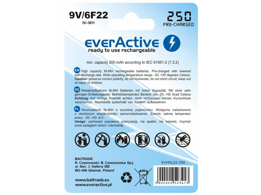 Batería EverActive Ni-MH 9V 6F22 250mAh Silver Line