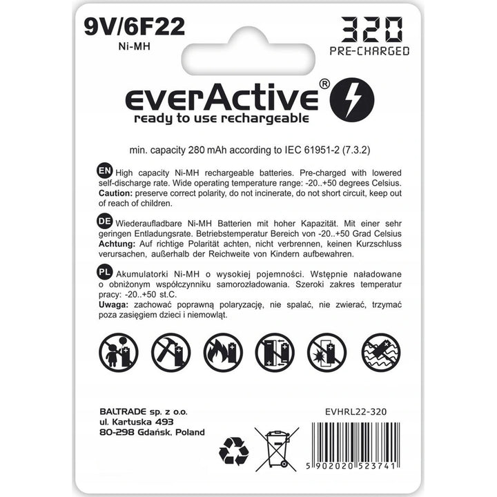 Batería recargable EverActive 6F22 / 9V Ni-MH de 320 mAh