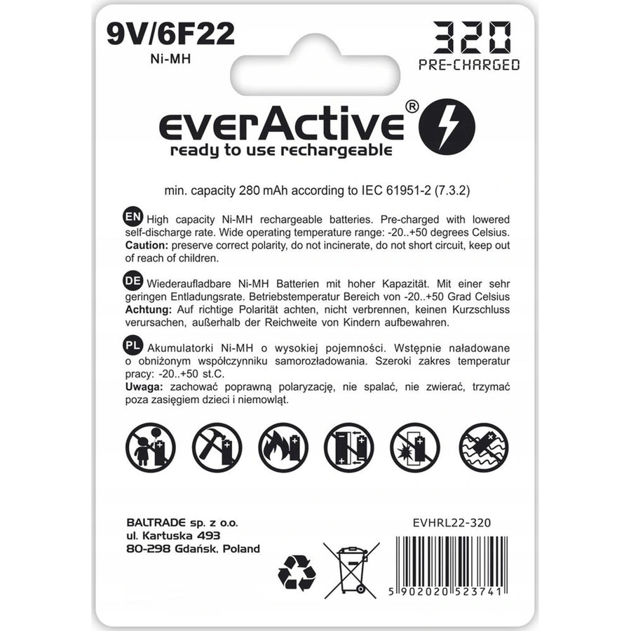 Bateria recarregável EverActive 6F22/9V Ni-MH 320 mAh