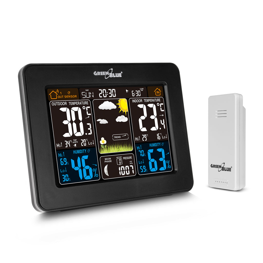 Estación meteorológica con sensor exterior pantalla LCD inalámbrico GreenBlue GB523