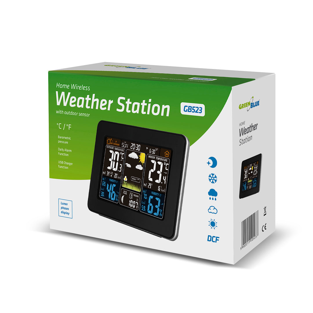 Estación meteorológica con sensor exterior pantalla LCD inalámbrico GreenBlue GB523