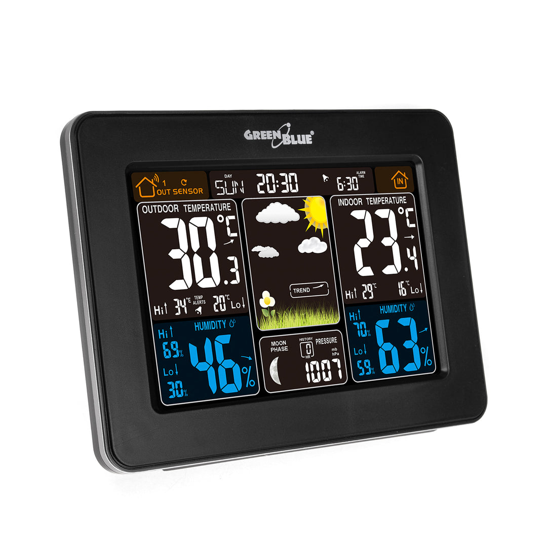 Estación meteorológica con sensor exterior pantalla LCD inalámbrico GreenBlue GB523