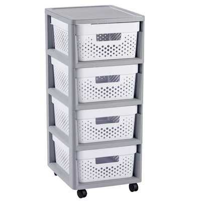 Curver - Armário Organizador de Gavetas Infinity 4 com Rodas - Gavetas Removíveis - Cores Cinza / Branco