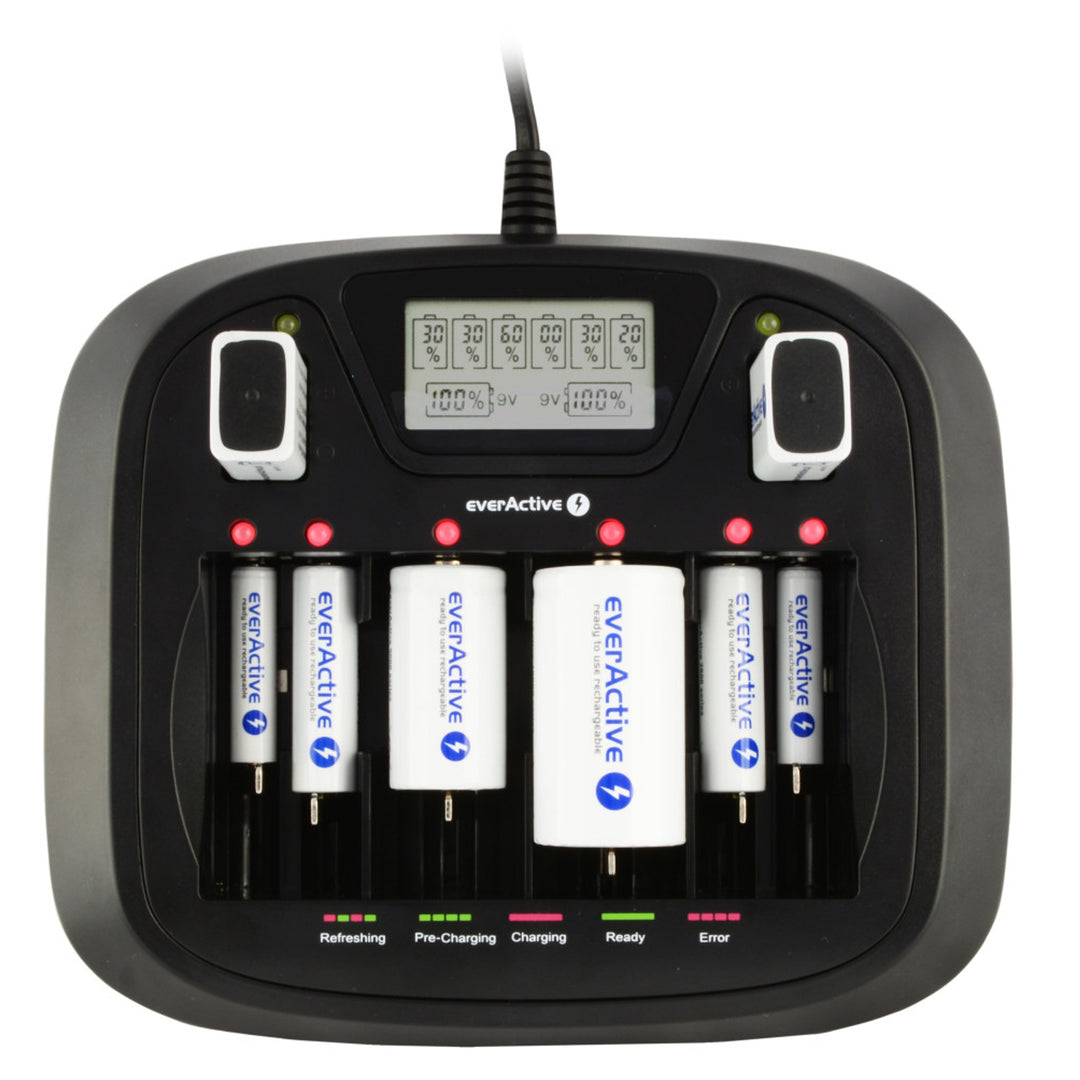 Carregador profissional AA AAA CD 9V everActive NC-900U de 8 canais