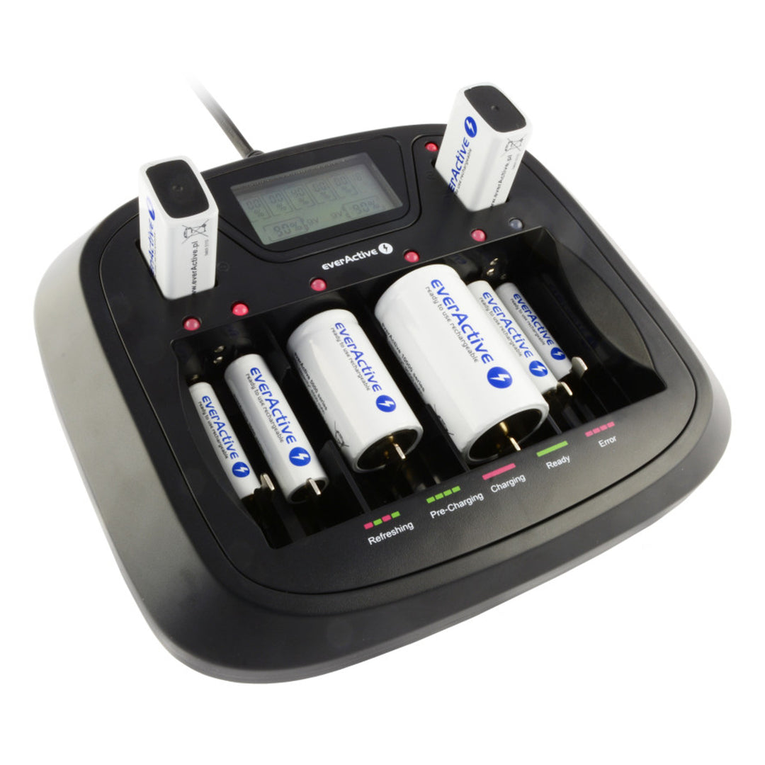 Carregador profissional AA AAA CD 9V everActive NC-900U de 8 canais