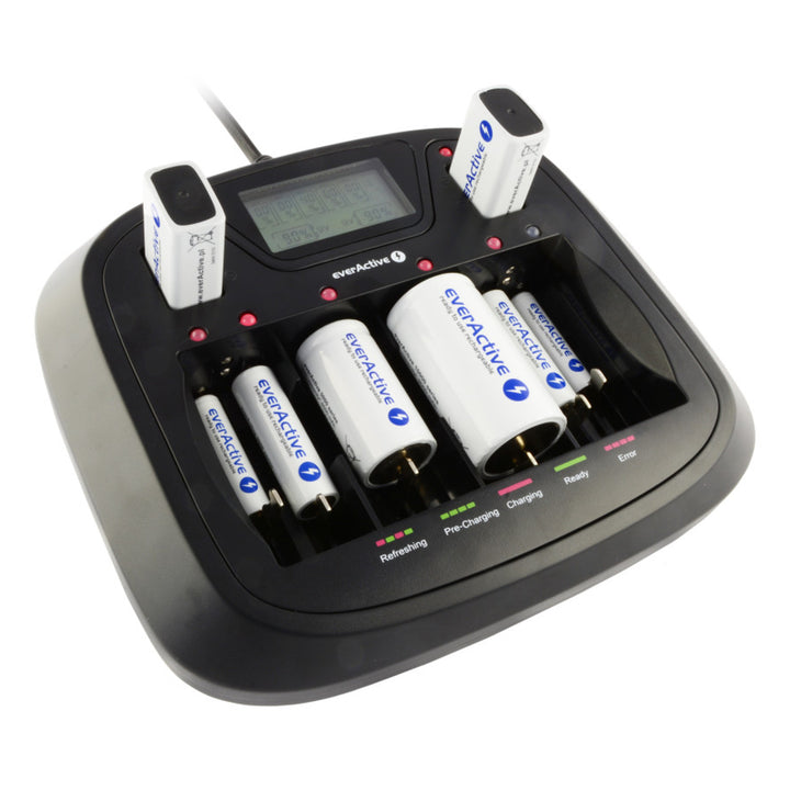 Carregador profissional AA AAA CD 9V everActive NC-900U de 8 canais