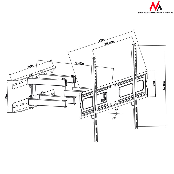 Maclean MC-762 Soporte de pared para monitor o pantalla LCD/LED TV 37-80" 30kg VESA max 600x400 brazo doble