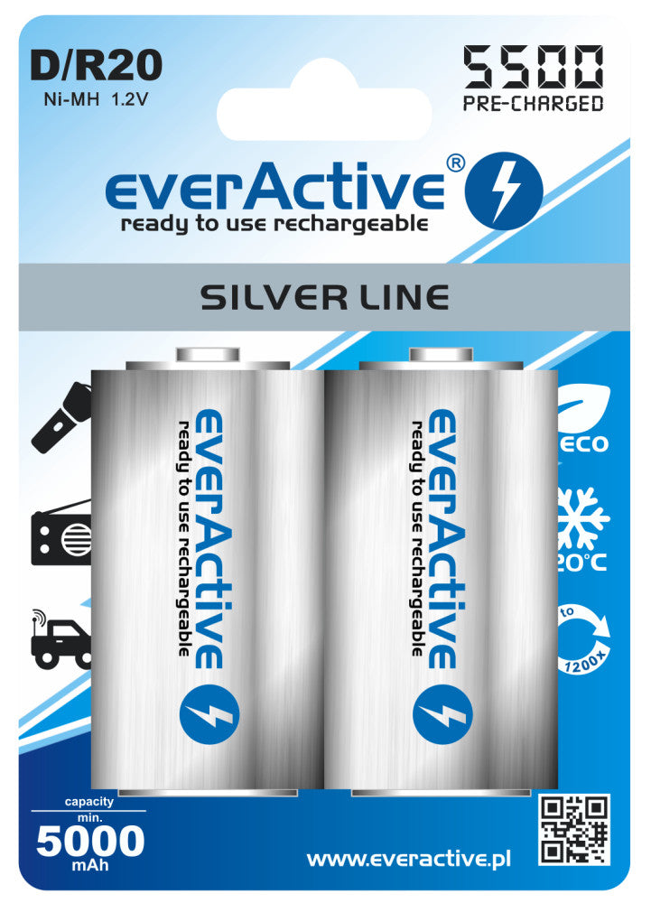Batería de 2 piezas (1 blister) - R20 D 5500mAh everActive recargable Silver Line