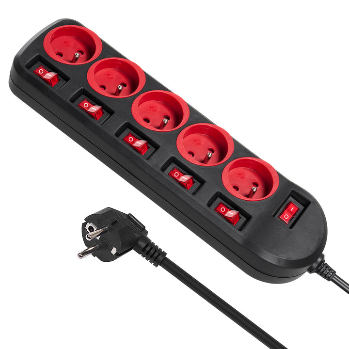 Regleta Maclean, cable alargador de 5 tomas, con interruptores, 250VAC/10A, 1,5m, MCE204