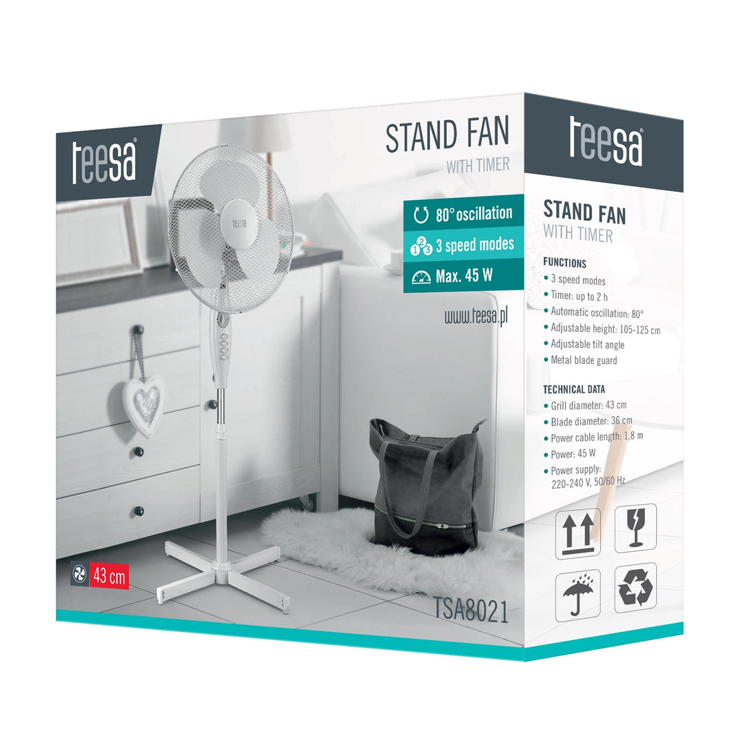 Ventilador de pé com temporizador, 3 velocidades, oscilação, alta qualidade TEESA TSA8021