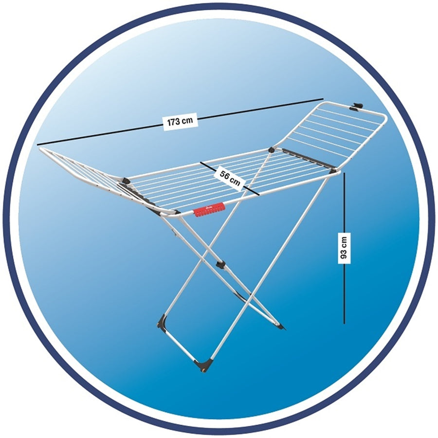 Varal em aço e alumínio, com asas rebatíveis, 20 metros de espaço para pendurar, com suporte para pequenas peças, Branco, dimensões abertas 173 x 56 x 93 cm