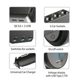 Divisor para encendedor de cigarrillos, voltímetro, 3 enchufes para encendedor de cigarrillos, 1xQuick Charge 3.0, 3xUSB 6.8A, 1x Power Delivery 18W, Maclean MCE218, Max 120W