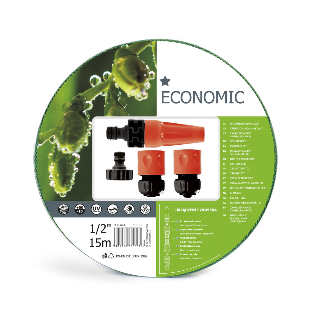 Conjunto de mangueira de jardim 15m 1/2" com sprinkler Cellfast Economic 10-101