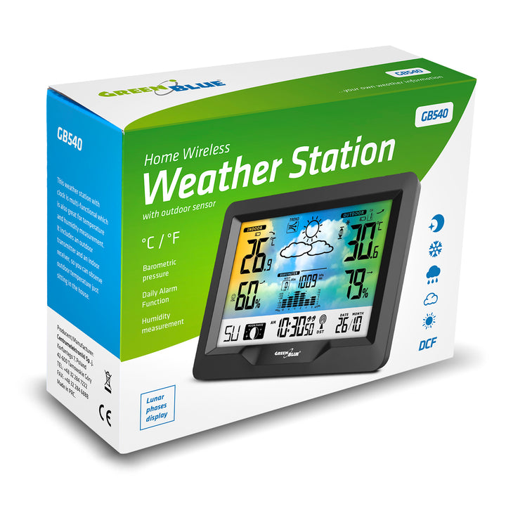 Estação meteorológica colorida sem fio com sistema GreenBlue GB540 DCB, fases da lua, barômetro, calendário
