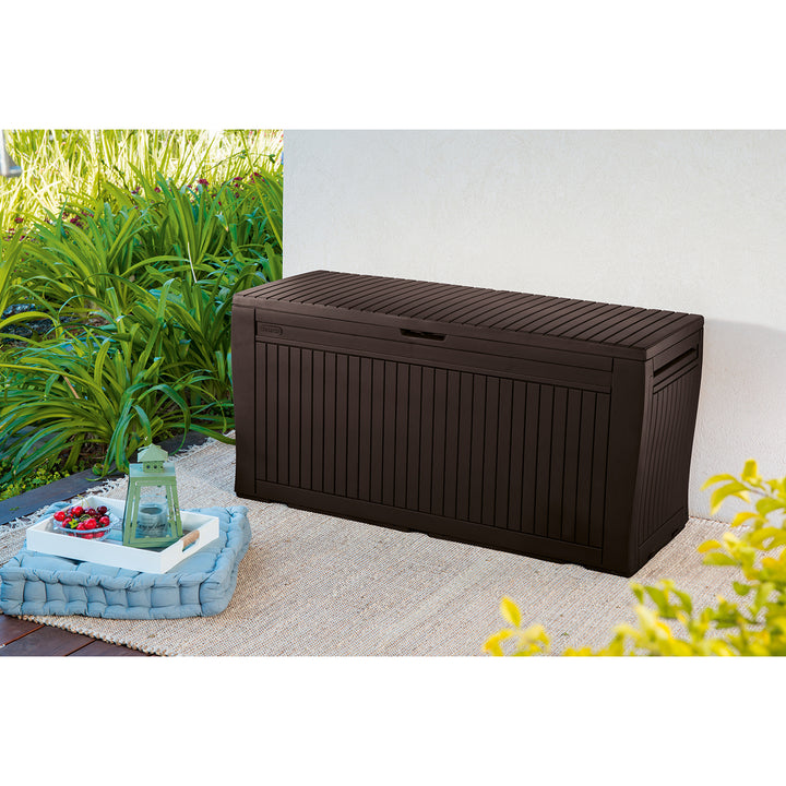 Arcón de almacenamiento para jardín o terraza, espacioso y duradero, 270L, Keter Comfy, marrón