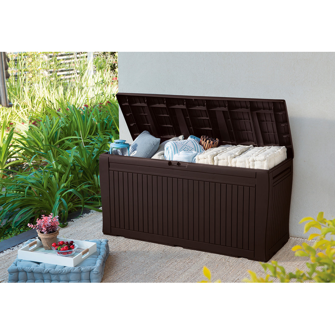 Arcón de almacenamiento para jardín o terraza, espacioso y duradero, 270L, Keter Comfy, marrón