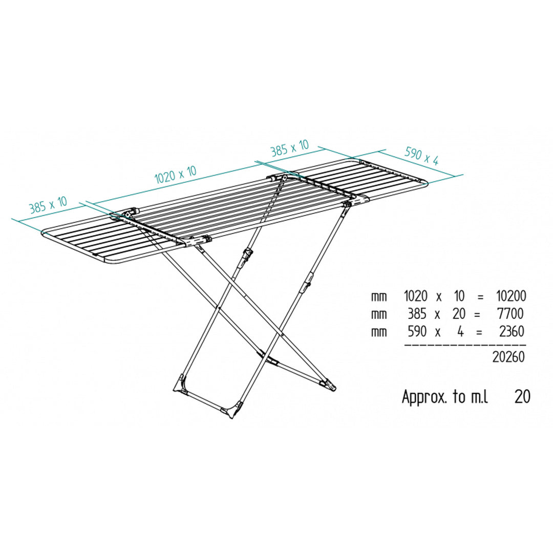 Rack extensível em aço e alumínio, espaço de colocação de 11 a 20m, suporte para pequenos itens, dimensões abertas, cor branca, 110-187 x 61 x 94 cm