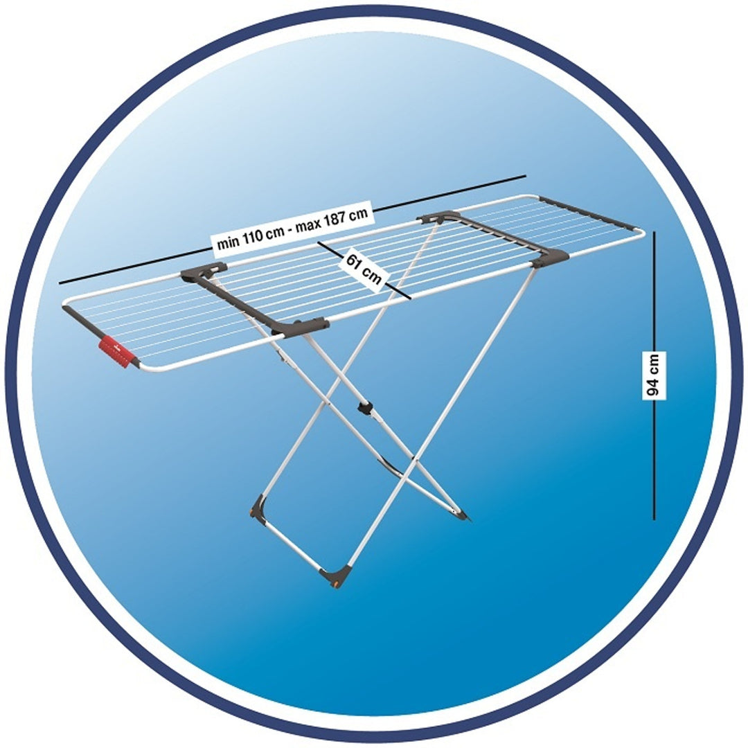 Rack extensível em aço e alumínio, espaço de colocação de 11 a 20m, suporte para pequenos itens, dimensões abertas, cor branca, 110-187 x 61 x 94 cm