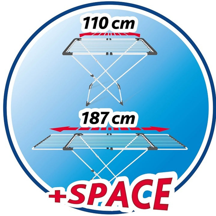 Rack extensível em aço e alumínio, espaço de colocação de 11 a 20m, suporte para pequenos itens, dimensões abertas, cor branca, 110-187 x 61 x 94 cm