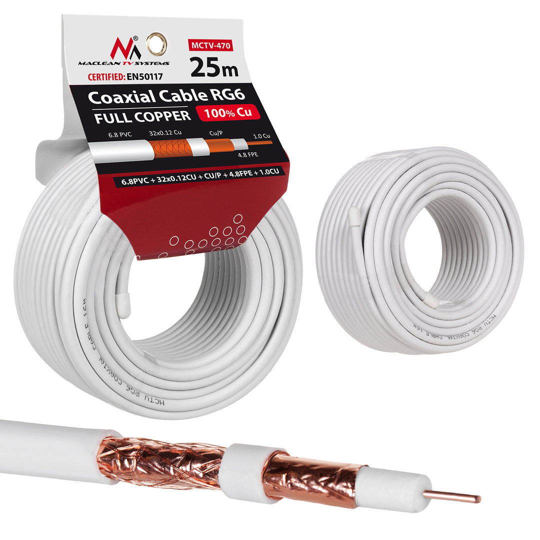 25M MCTV-470 1.02CU+4.8FPE+CU/P+32*0.12CU+6.8PVC Maclean RG6 cabo coaxial