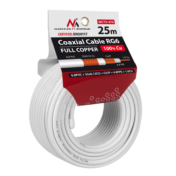 25M MCTV-470 1.02CU+4.8FPE+CU/P+32*0.12CU+6.8PVC Maclean RG6 cabo coaxial