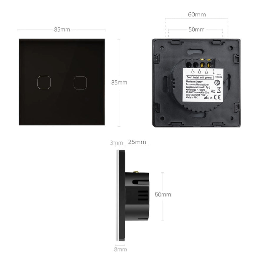 Interruptor de luz táctil, simple, vidrio, negro con botón cuadrado, dimensiones 86x86 mm, con iluminación de botónMaclean Energy MCE701B,