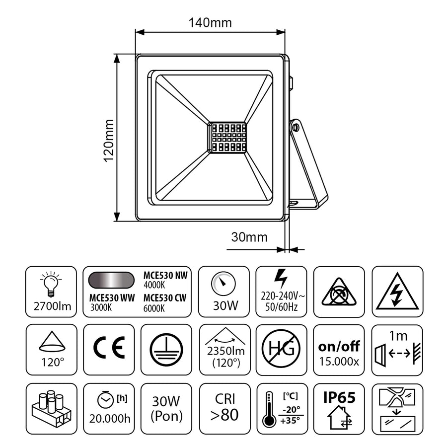 Projetor LED fino 30W, 2400lm Branco Frio (6000K) Maclean Energy MCE530 CW, IP65, PREMIUM
