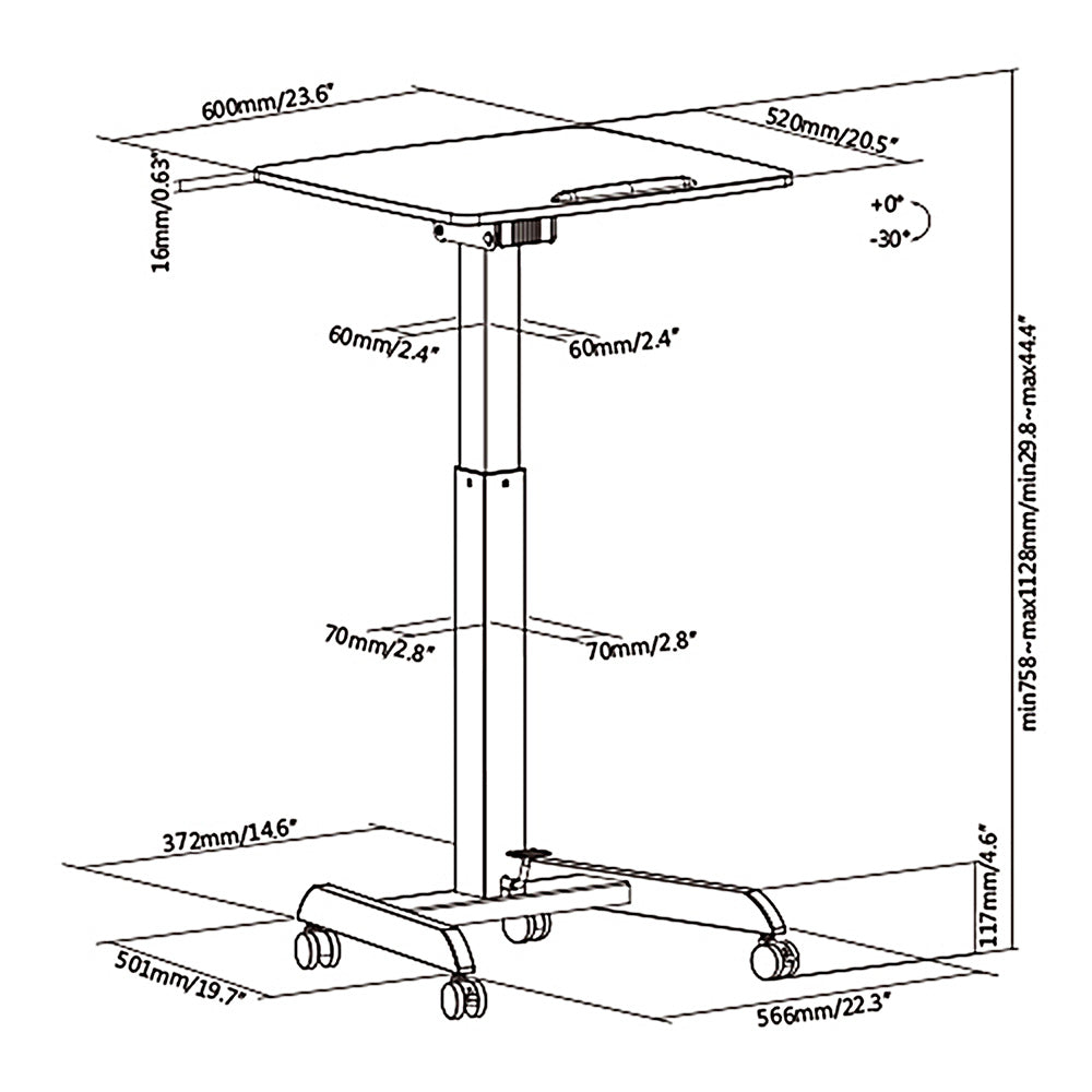 Mesa para ordenador portátil de altura regulable con ruedas Mesa de bipedestación Elevación a gas Regulable en altura hasta un máximo de 113 cm 30 grados Inclinable Cargable hasta 8 kg