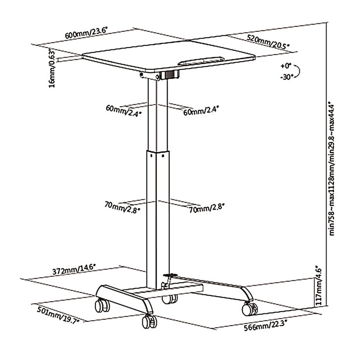 Mesa para ordenador portátil de altura regulable con ruedas Mesa de bipedestación Elevación a gas Regulable en altura hasta un máximo de 113 cm 30 grados Inclinable Cargable hasta 8 kg