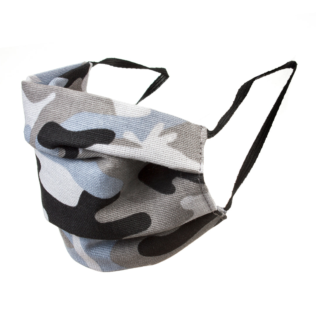 Máscara protetora reutilizável com elástico de algodão - cor camuflada cinza e azul