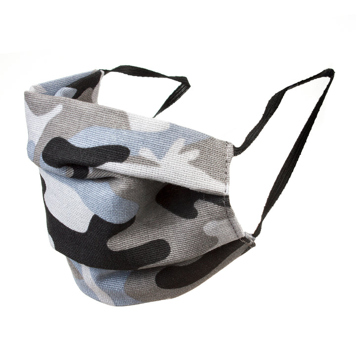 Máscara protetora reutilizável com elástico de algodão - cor camuflada cinza e azul