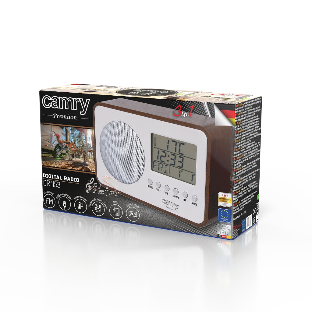 Rádio digital LCD Camry CR 1153, antena telescópica giratória, calendário, termómetro, despertador