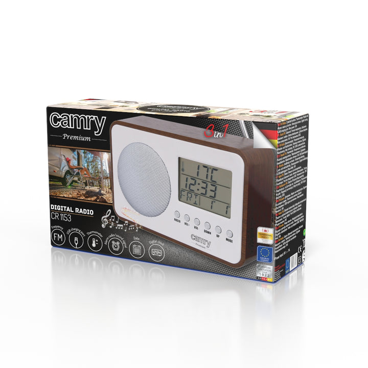 Rádio digital LCD Camry CR 1153, antena telescópica giratória, calendário, termómetro, despertador