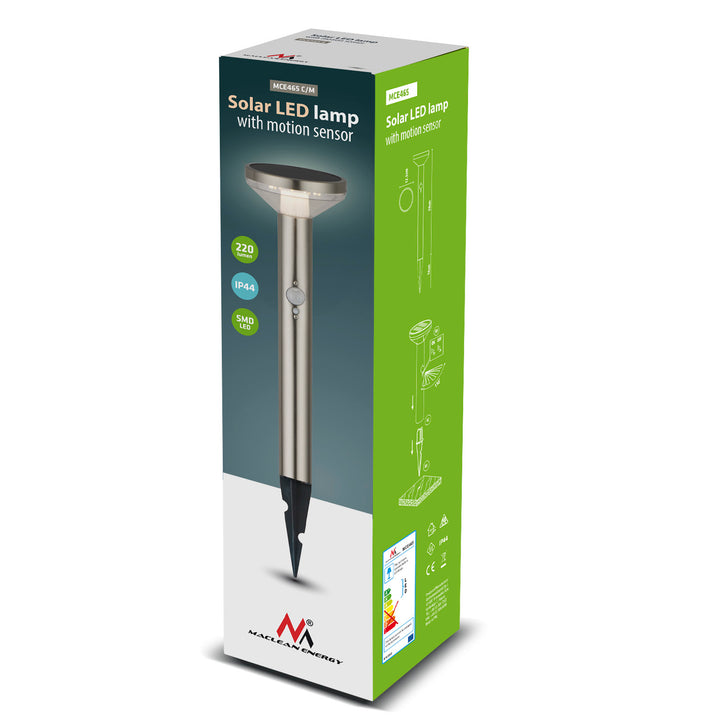 Lâmpada solar LED com sensor cromado fosco, IP44, 3 modos de iluminação, bateria Li-ion 18650 3,7V 1200 mAh, embutida, Maclean MCE465 C/M
