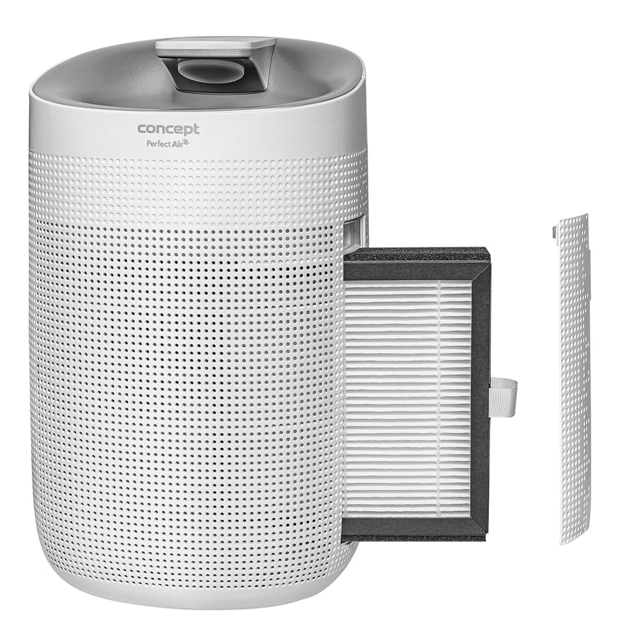 Concept Perfect Air OV1200 Deshumidificador y purificador de aire 2 en 1 750 ml / día para habitaciones de hasta 25m2, filtración de 3 etapas, purificador de aire de habitación con filtro de carbón Hepa 13 1L (blanco)