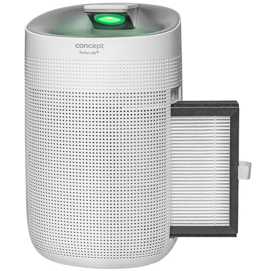 Concept Perfect Air OV1200 Deshumidificador y purificador de aire 2 en 1 750 ml / día para habitaciones de hasta 25m2, filtración de 3 etapas, purificador de aire de habitación con filtro de carbón Hepa 13 1L (blanco)