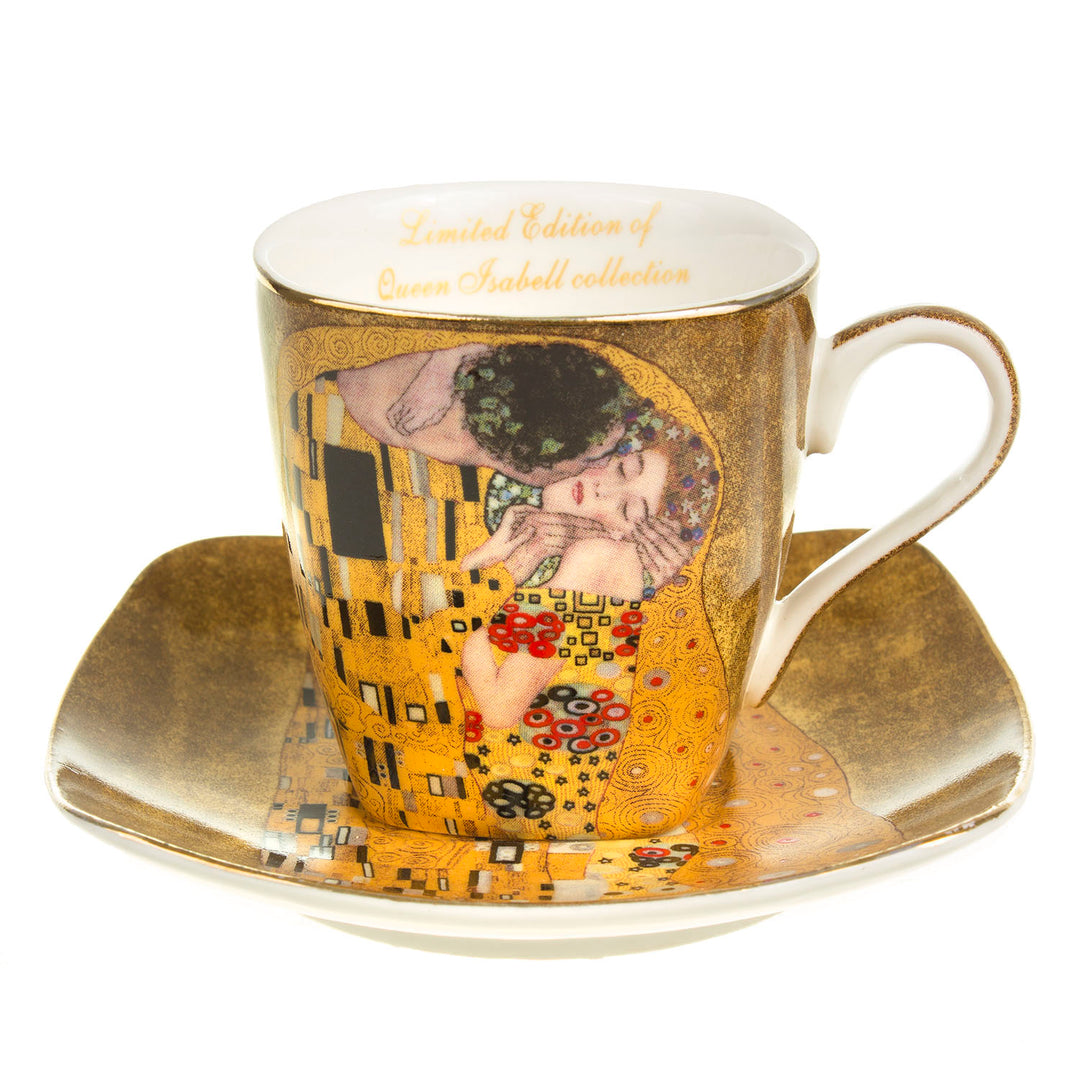 Conjunto de xícara de café em porcelana para duas pessoas, com pires e colher, design Klimt Kiss