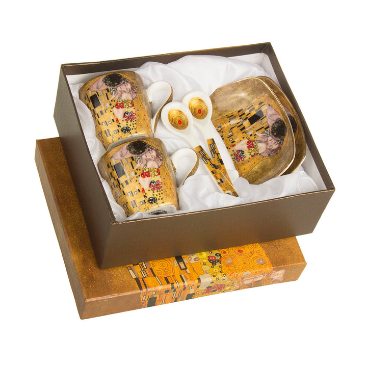 Conjunto de xícara de café em porcelana para duas pessoas, com pires e colher, design Klimt Kiss