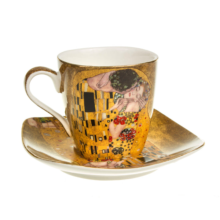 Conjunto de xícara de café em porcelana para duas pessoas, com pires e colher, design Klimt Kiss