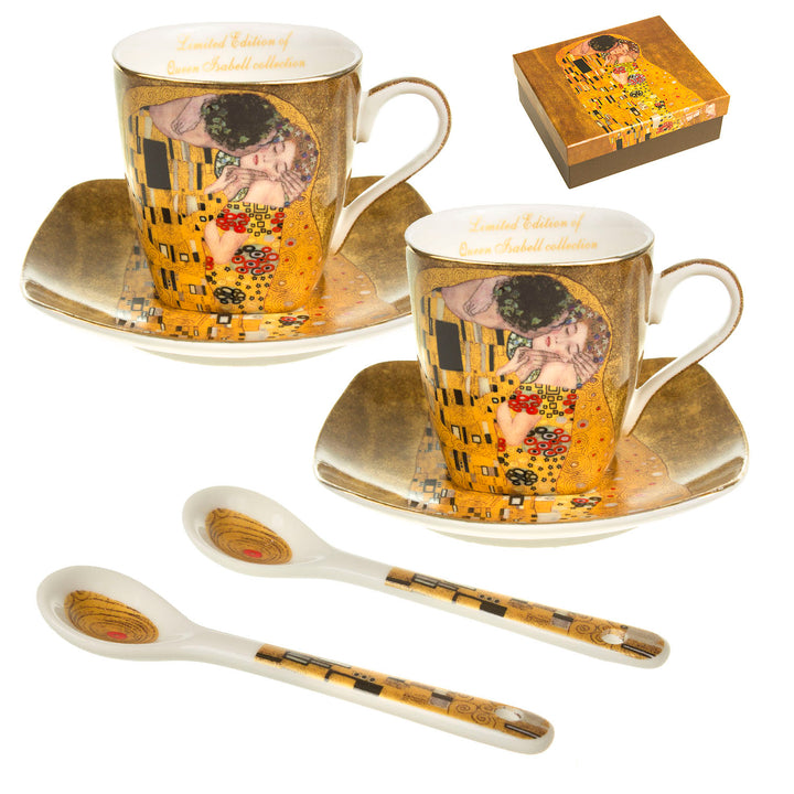 Conjunto de xícara de café em porcelana para duas pessoas, com pires e colher, design Klimt Kiss