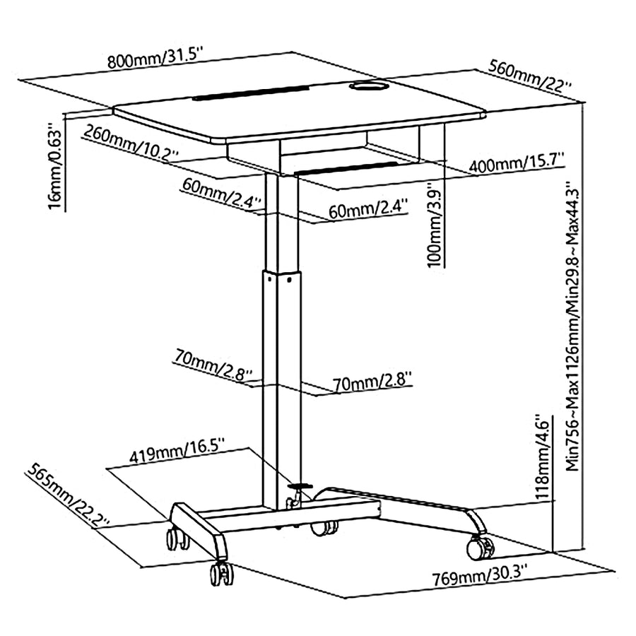 Mesa para laptop ajustável em altura com rodas e gaveta ajustável em altura até um máximo de 113 cm e um máximo de 8 kg (branco)