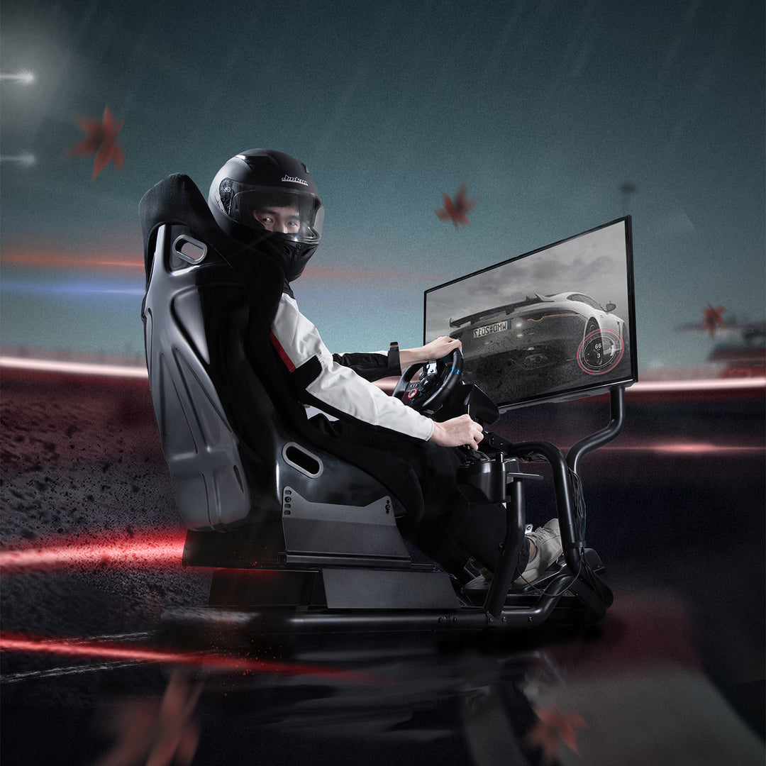 Simulador de corrida Cockpit 3 em 1 Assento gamer até 130kg Suporte para alavanca de câmbio Suporte para volante Suporte para TV até 50" Max. Vesa 400x200...