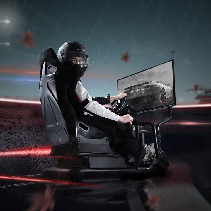 Simulador de corrida Cockpit 3 em 1 Assento gamer até 130kg Suporte para alavanca de câmbio Suporte para volante Suporte para TV até 50" Max. Vesa 400x200...