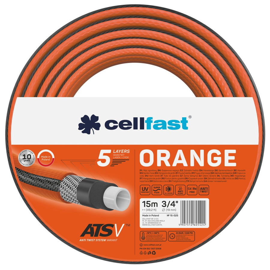 Mangueira de jardim ATSV™ de 5 camadas, tecido tricotado, resistente a UV, pressão de ruptura de 24 bar (3/4 "15 m) CELLFAST ORANGE
