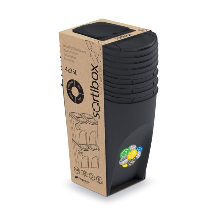 Juego de 4 cubos de reciclaje 140L Sortibox de plastico en color antracita, grandes 4x35L Prosperplast IKWB35S4-S433