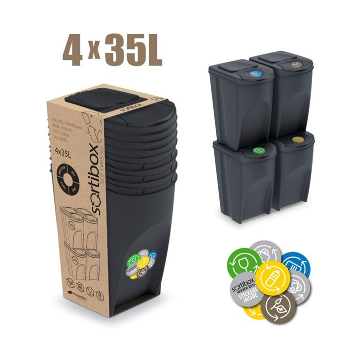 Juego de 4 cubos de reciclaje 140L Sortibox de plastico en color antracita, grandes 4x35L Prosperplast IKWB35S4-S433
